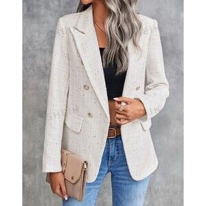 SHEIN Clasi Lapel Neck Double Breasted Tweed Blazer Small Ivory/Off White